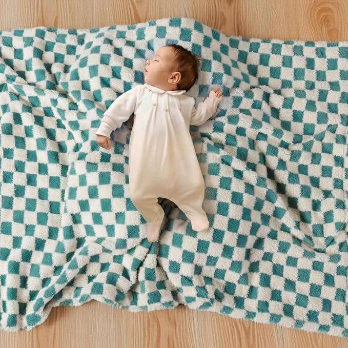 Soft Checkered Baby Blankets for Unisex Girls or Boys Breathable Gender Neutral Nursery Double Layer Blankets with Dotted Backing for Newborn Toddlers (30” X 40”)