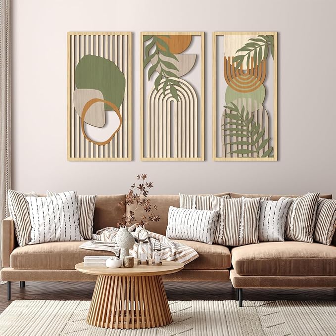 IARTTOP Large Sage Green Abstract Boho Wall Art Set Of 3 Geometric Wood Wall Art Mid Century Modern Artwork Neutral Bohemian Wall Decor for Living Room Bedroom Office-16 x 32 Inch