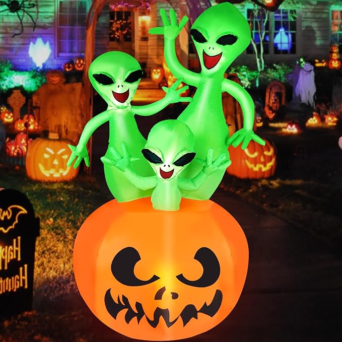 CAMULAND 6FT Halloween Inflatable Pumpkin Alien Decorations Outdoor,Halloween Inflatable Blow Up Decor with Built-in LED Lights Outdoor Inflatable Decoration for Garden, Lawn, Yard, Party 6FT Hall