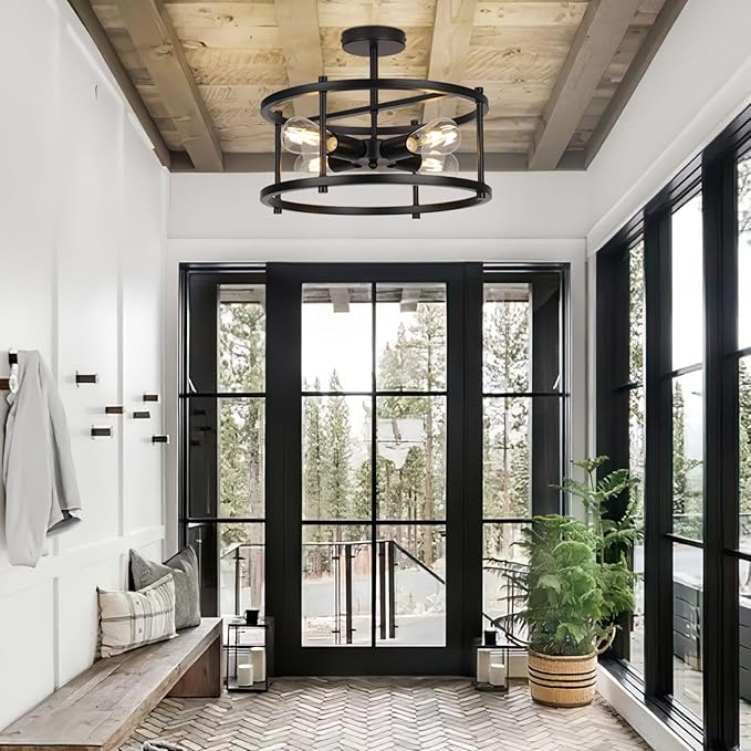 16" Semi Flush Mount 4-Light Industrial Ceiling Light, Black Chandelier for Kitchen, Dining Room, Entryway, Bedroom, Living Room