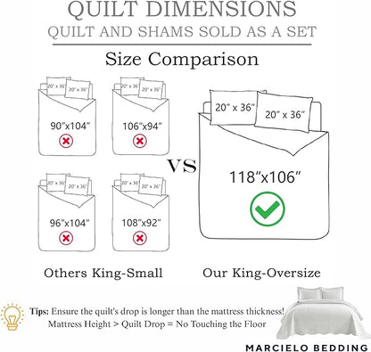 MarCielo 3-Piece 100% Cotton Oversized Bedspread Lightweight Quilt Coverlet Embroidery Farmhouse Bedding Set T0 (Bright White, Oversized King (118"x106"))