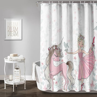 AILONEN Unicorn Shower Curtain, Cartoon Unicorn with Ballerina Girl Shower Curtain Set for Girls Teens Kids,Watercolor Pink Flowers Fabric Shower Curtain for Bathroom,72" W*96" H
