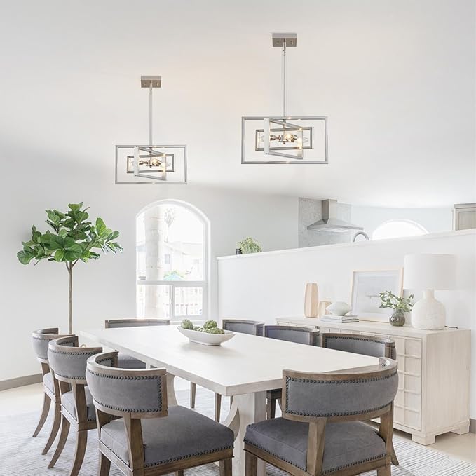 Modern Brushed Nickel Chandelier 3-Light Geometric Ceiling Light Fixture 16" Adjustable Height Pendant for Foyer, Entryway, Dining Room