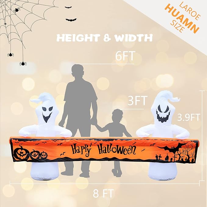 MUMTOP 8 Ft Long Inflatable Outdoor Halloween Decoration, Inflatables Ghost with Happy Halloween Decorations Blow Up with Built-in LED Lights for Yard Party Holiday Garden Decor