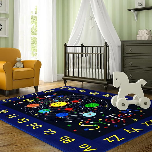 Kids Rug 5x7 Rug Solar System Pattern Nursery Rug Baby Soft Area Rug Non Shedding Carpet for Babyroom Play Room Non Slip Educational Rug Galaxy Outer Space Playmat, Blue|Solar System 5'x7'