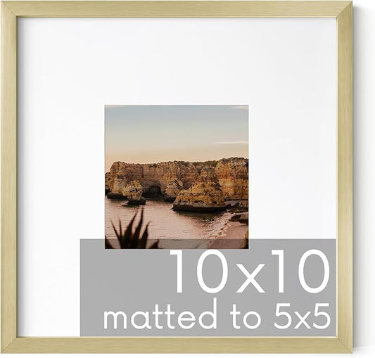 HAUS AND HUES 10x10 Gold Metal Picture Frame Matted to 5x5 - Features Premium Aluminum & Hanging Hardware, Shatterproof Plexiglass - Ideal for Home, Room, Office (10x10 in, Gold, Set of 1)