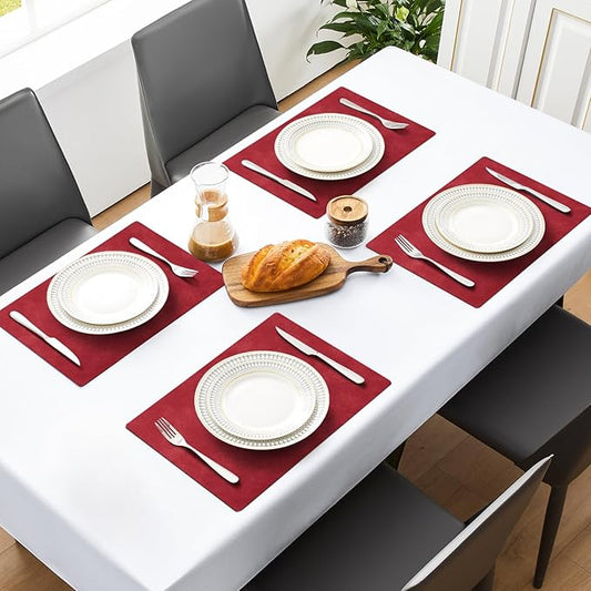 MOSAYT Vinyl Placemats Set of 12-12 X 17 Inch - Faux Leather 100% Waterproof Oil-Proof Wipeable PU Place Mats, Heat Resistant Reversible Table Mats for Kitchen, Dining, Outdoor (Red)