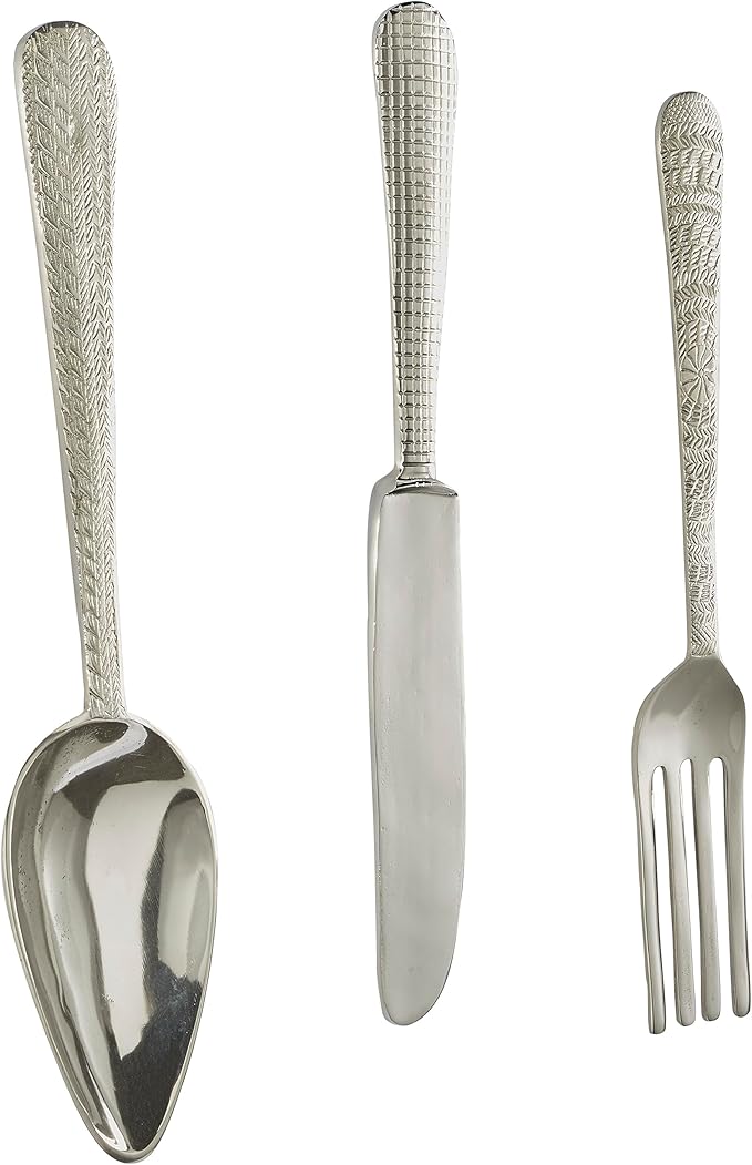 Deco 79 Aluminum Metal Utensils Home Wall Decor Knife, Spoon and Fork Wall Sculpture, Set of 3 Wall Art 23", 23", 23" H, Silver