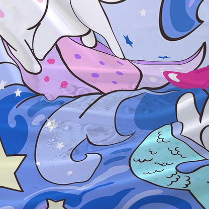 AILONEN Cute Cat Shower Curtain,Kawaii Cartoon Mermaid Kitten Polyester Cloth Bath Curtain Set for Girls Boys,Kittens with Spray Waterproof Shower Curtains for Bathroom, 72" W*72" H Blue