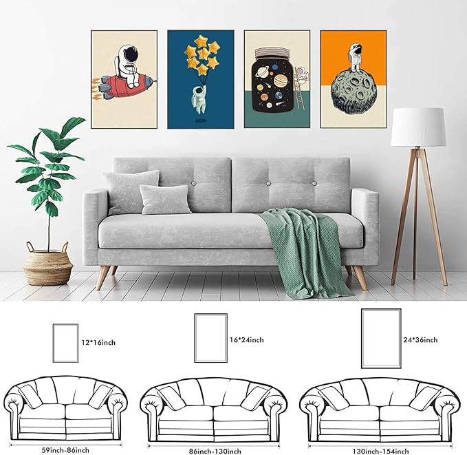 TIME TREE Space Wall Art for Boys Room, 12x16 Framed Inspirational wall art for Bedroom Decor, Canvas Space Nursery Wall Decor, Astronaut Decor Kit of 4