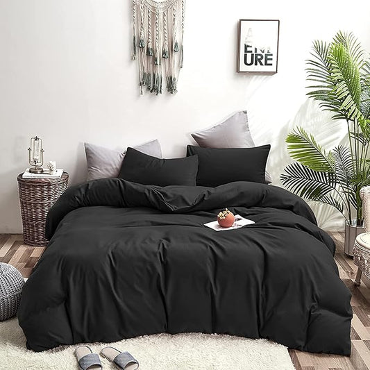 Wellboo Black Comforter King Size Solid Color Bedding Set Soft 3 Pieces Dark Black Quilt Comforters Lightweight All Seasons Minimalist Design Bedding for Women Men Vintage Bedding