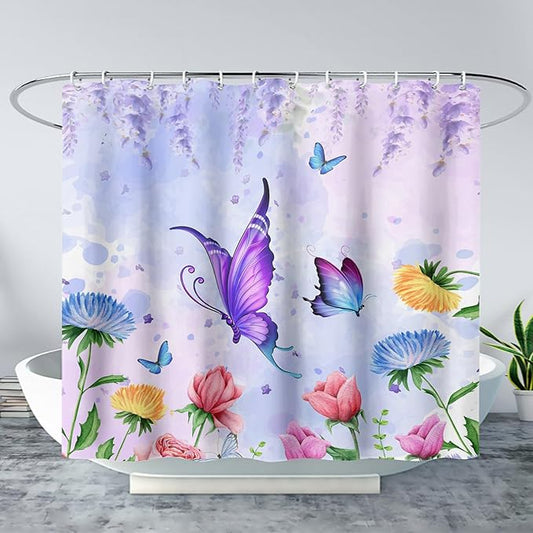 AILONEN Girls Butterfly Shower Curtain for Bathroom,Colorful Floral Flower Purple Watercolor Butterfly Printed Bath Curtain 72" W*96" H Polyester Fabric Waterproof Bathroom Curtain with 12 Hooks