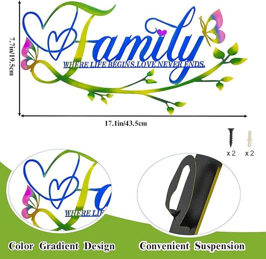 AUHOKY Family Where Life Begins Love Never Ends Word Sign Metal Wall Decor, Black Home Decor Wall Art Decorations, Letters Quotes Sign for Living Room Bedroom Kitchen Indoor Outdoor Decor(17.5 x 9in)