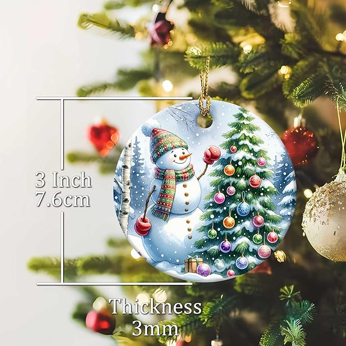 Snowman Ornaments Snow Pine Round Ceramic Ornament Christmas Keepsake Decor for Christmas Tree Winter Holiday Xmas Gift for Women Men Hanging Ornament 3"