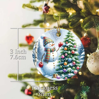 Snowman Ornaments Snow Pine Round Ceramic Ornament Christmas Keepsake Decor for Christmas Tree Winter Holiday Xmas Gift for Women Men Hanging Ornament 3"