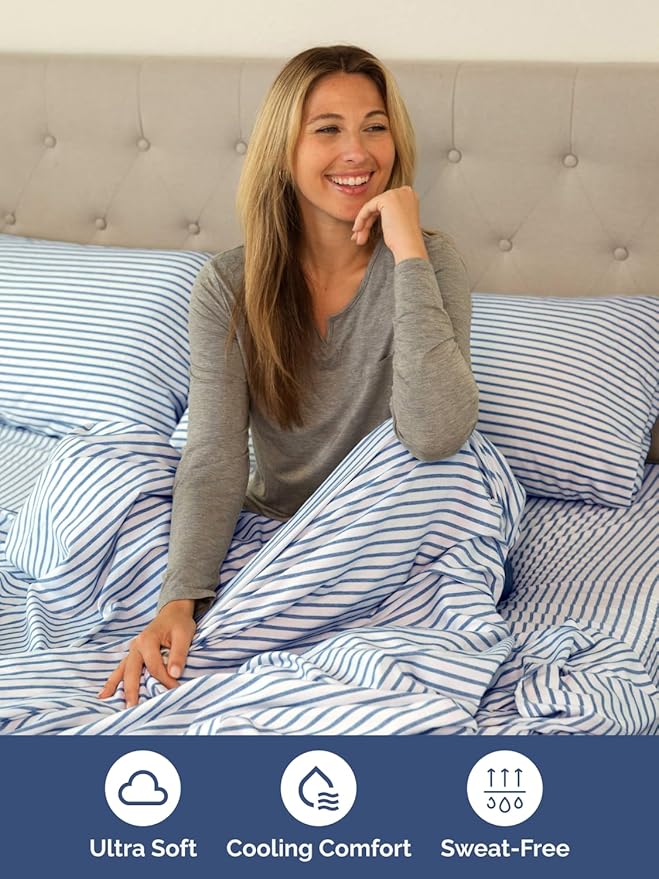 Extra Deep King Sheet Set - 6 Piece Breathable and Cooling Sheets - Hotel Luxury Bed Sheets Set - Easy Fit - Soft, Wrinkle Free and Comfy Sheets Set - Blue Striped Sheet Set with Extra Deep Pockets