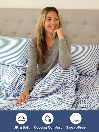 Extra Deep King Sheet Set - 6 Piece Breathable and Cooling Sheets - Hotel Luxury Bed Sheets Set - Easy Fit - Soft, Wrinkle Free and Comfy Sheets Set - Blue Striped Sheet Set with Extra Deep Pockets