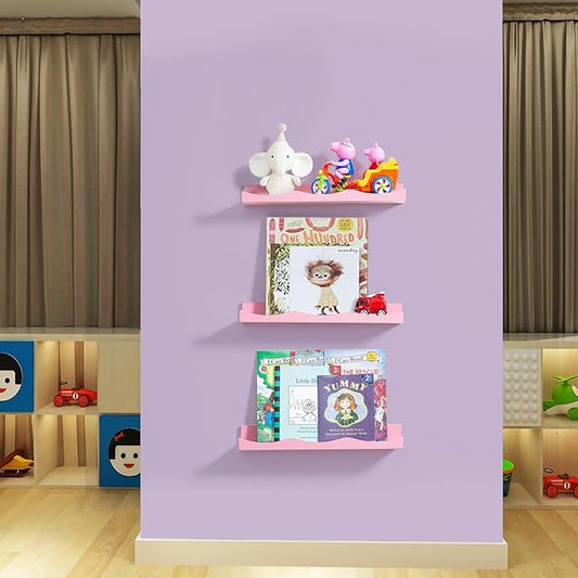 AZSKY Floating Bookshelf for Kids, Picture Ledge Shelf for Wall Decor and Storage 16 Inches Nursery Book Shelves Set 3, Baby Book Shelf for Kids Room Decor(Pink)