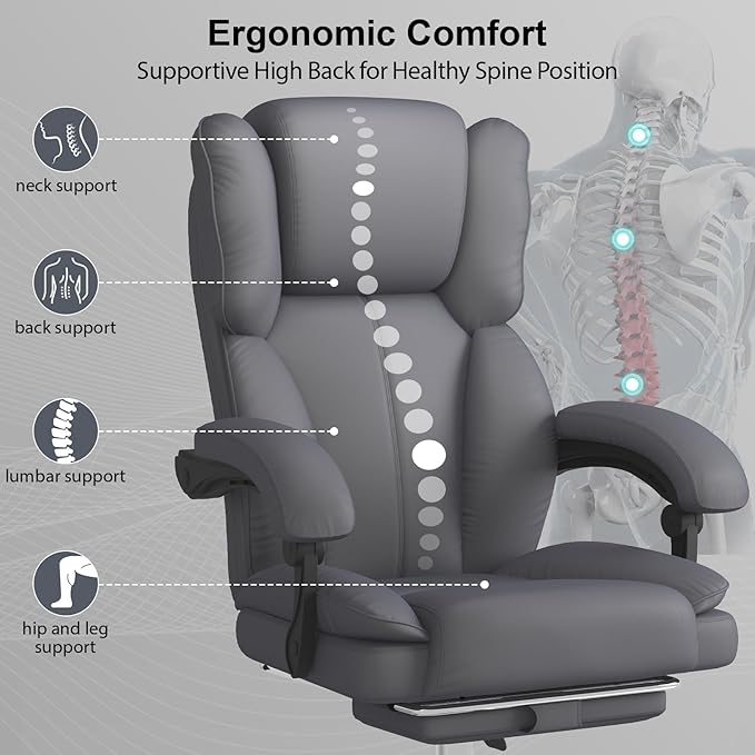 Big and Tall Office Chair, Ergonomic Leather High Back Executive Computer Chair with Retractable Footrest, Adjustable Headrest, Padded Arms, 360°Swivel Free, 90-135°Reclining, 500lbs Wide Seat, Gray