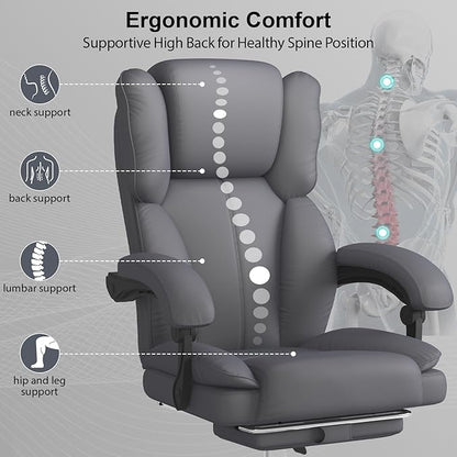 Big and Tall Office Chair, Ergonomic Leather High Back Executive Computer Chair with Retractable Footrest, Adjustable Headrest, Padded Arms, 360°Swivel Free, 90-135°Reclining, 500lbs Wide Seat, Gray