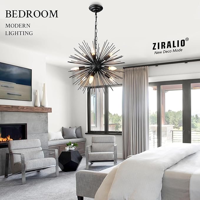 20" Black Sputnik Chandelier Vintage 9-Light Geometric Starburst Chandelier Light Fixture Farmhouse Solid Metal Black Sputnik Chandeliers for Dining Room, Kitchen, Bedroom, Living Room