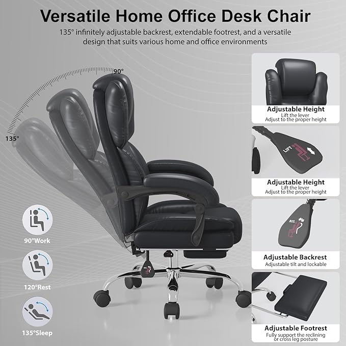 Big and Tall Office Chair, Ergonomic Leather High Back Executive Computer Chair with Retractable Footrest, Adjustable Headrest, Padded Arms, 360°Swivel Free, 90-135°Reclining, 500lbs Wide Seat, Black