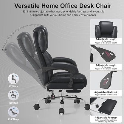 Big and Tall Office Chair, Ergonomic Leather High Back Executive Computer Chair with Retractable Footrest, Adjustable Headrest, Padded Arms, 360°Swivel Free, 90-135°Reclining, 500lbs Wide Seat, Black