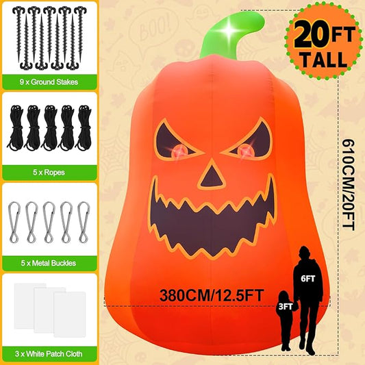 Kalolary 20FT Tall Halloween Inflatables Pumpkin Outdoor Decorations, Giant Pumpkin Ghost Blow Up Yard Decorations with Build-in Flashing Lights for Yard Garden Lawn Indoor Outdoor Decors