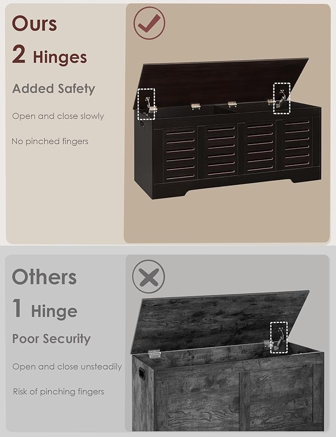 DINZI LVJ Storage Chest, 43.3” Wooden Toy Box with 2 Safety Hinges, Retro Entryway Shoe Storage Bench with Flip-Top, Sturdy Large Storage Trunk for Living Room, Bedroom, Easy Assembly, Espresso