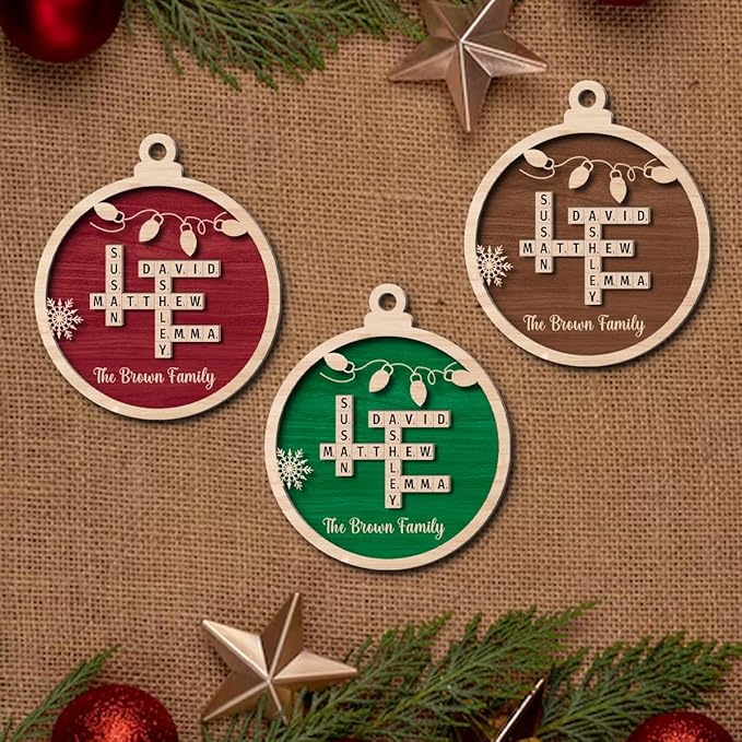 Custom Wooden Crossword Ornament, Personalize with Family Names, Personalized Ornament for Christmas Tree