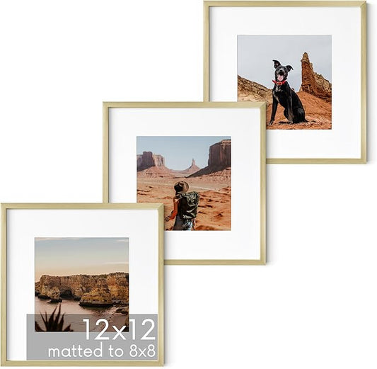 HAUS AND HUES 12x12 Gold Metal Picture Frames Matted to 8x8 - Features Premium Aluminum & Hanging Hardware, Shatterproof Plexiglass - Ideal for Home, Room, Office (12x12 in, Gold, Set of 3)