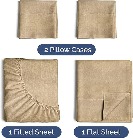 CGK Linens Twin 4 Piece Sheet Set - Cooling Sheets for Hot Sleepers - Hotel Luxury Bedding Set with 8-16 Inch Deep Pockets - 1 Flat & 1 Fitted & 2 Pillowcases - Soft and Wrinkle Free - Heathered Tan