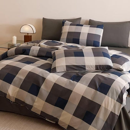 Cottonight Checkered Navy Comforter Set King Men Gingham Grid Bedding Set Navy and Khaki Grid Comforter Fluffy Soft Blanket Quilts Modern Cottagecore Comforter with 2 Pillowcases for King Bed