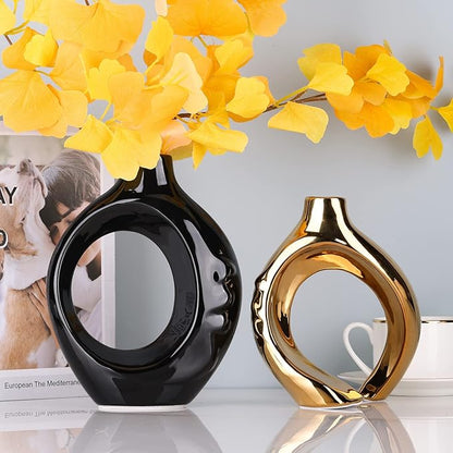 Black Gold Ceramic Vase Set of 2 for Modern Home Decor,Round Boho Vase for Pampas Grass,Neutral Minimalist Vase for Dining Room Table Centerpiece Dining Room,Wedding Table Decoration