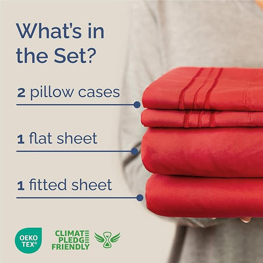 Full Size 4 Piece Sheet Set - Comfy Breathable & Cooling Bed Sheets Set - Hotel Luxury Bedding for Women, Men, Kids, Teens, Boys and Girls - Deep Pockets, Ultra-Soft & Wrinkle Free - Oeko-Tex - Red