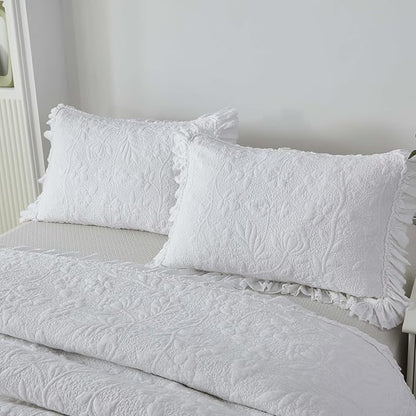 Brandream White Quilt Set Queen Size Cotton Shabby Chic Luxury Ruffle Bedspread Matelasse Coverlet Set 3-Piece