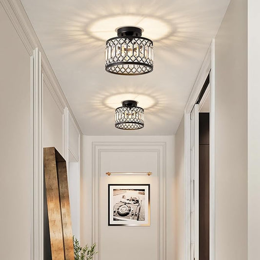 Crystal Ceiling Light Fixture, Modern Semi Flush Mount Ceiling Light, Black Lighting Fixtures Ceiling Lamp for Hallway, Kitchen, Entryway, Bedroom, Laundry Room, 9.05 Inch