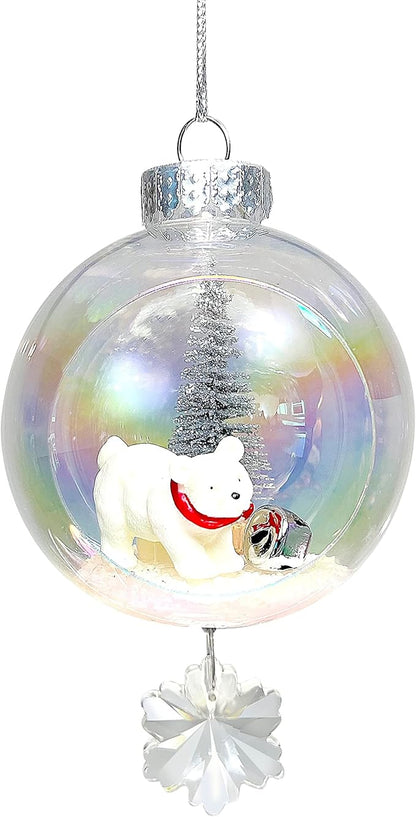 Polar Bear Christmas Ornament - Handmade Shatterproof Decorations for Indoor Outdoor Xmas Tree - Clear Ball Ornaments with Magnetic Crystal - Great Gift or Stocking Stuffer for Mom, Sister, Friend