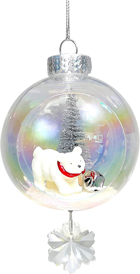 Polar Bear Christmas Ornament - Handmade Shatterproof Decorations for Indoor Outdoor Xmas Tree - Clear Ball Ornaments with Magnetic Crystal - Great Gift or Stocking Stuffer for Mom, Sister, Friend