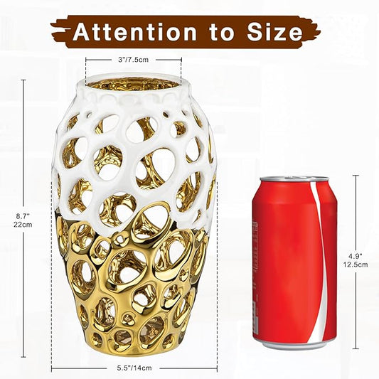 White and Gold Vases for Centerpieces, Openwork Ceramic Flower Vase 8.7" Hollowed Decorative Pampas Grass Vase Gold Table Decor for Home Living Room Dinner Room Bedroom Office Wedding