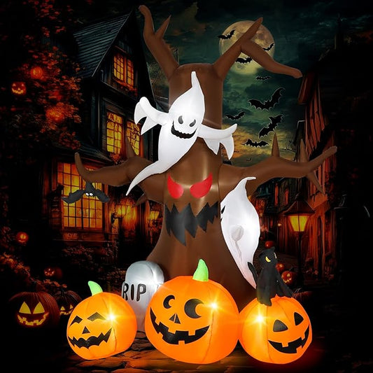 8FT Halloween Inflatable Dead Tree Outdoor Decorations with Ghosts & Pumpkins, Halloween Blow Up Yard Decoration with Build-in LEDs for Holiday/Halloween Party/Garden/Lawn