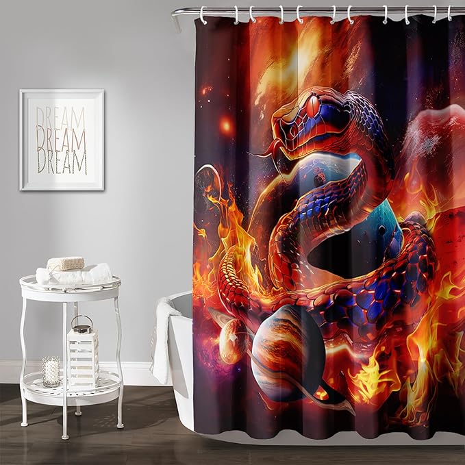 AILONEN 3D Snake Shower Curtain for Boys,Flame Fire Planet Snake Bath Curtain for Bathroom Decor,Safari Animal Polyester Waterproof for Shower, 72" W*72" H with 12 Plastic Hooks