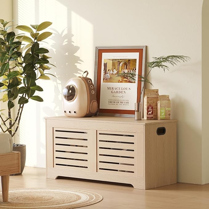 DINZI LVJ Storage Chest, 39.4”Wooden Storage Box with 2 Safety Hinges, Entryway Shoe Bench with Flip-Top, Farmhouse Style Trunk for Living Room, Bedroom, Play Room, Easy Assembly, Natural