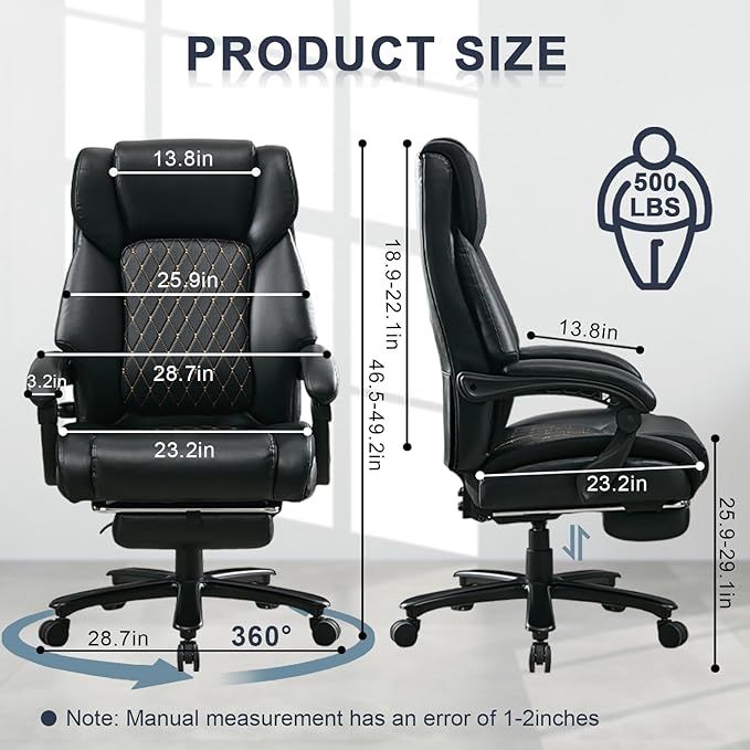 Executive Office Chair with Footrest, Reclining Desk Chairs Home Room, Bedroom, Leather Computer Gaming Chair Big and Tall, Padded Armrest & Headrest, Ergo Lumbar Support Recliner with Wheels, Black