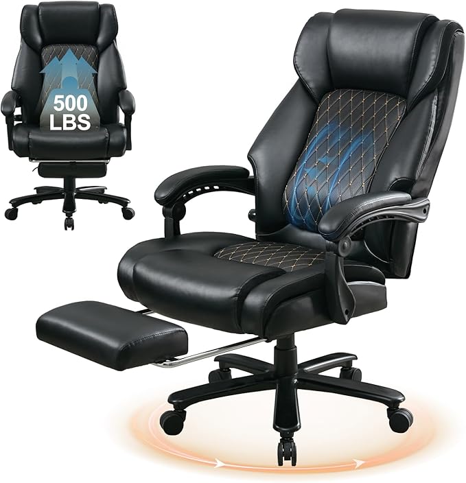 Executive Office Chair with Footrest, Reclining Desk Chairs Home Room, Bedroom, Leather Computer Gaming Chair Big and Tall, Padded Armrest & Headrest, Ergo Lumbar Support Recliner with Wheels, Black