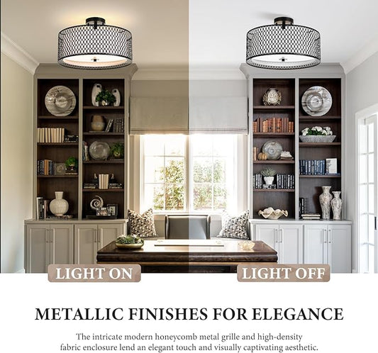 17" Semi Flush Mount Ceiling Light Fixture, Modern 3-Light E26 Double Drum Ceiling Lighting with Matte Black Iron Mesh Cage for Living Room Bedroom Hallway Entryway, Black