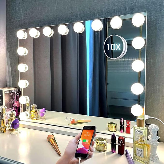 Kottova Vanity Mirror with Lights,27.6 x21.6'' Large Makeup Mirror, 3 Color Modes,Touch Control, USB Charger Port, Hollywood Lighted Mirror with 18 Dimmable LED,Metal Frame,Plug in