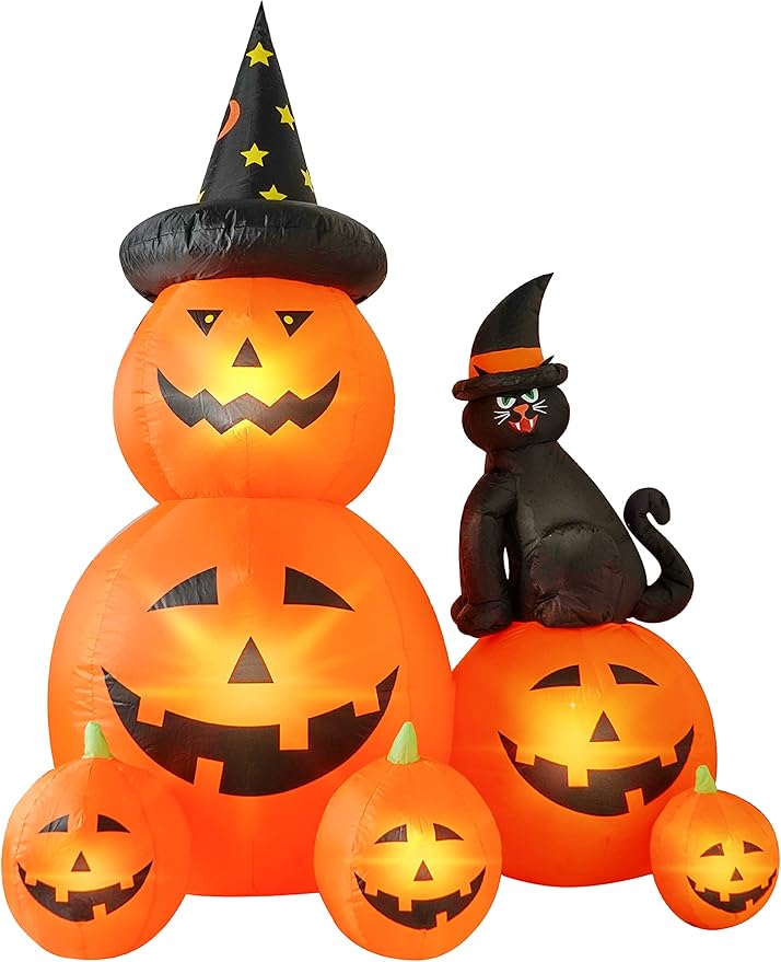 6 FT Halloween Inflatable Decorations Spooky Ghost Pumpkin Lighted and Witch's Cat, Halloween Decorations Outdoor Inflatables Pumpkin Combo with Build-in LED Blow Up Inflatables for Yard Garden