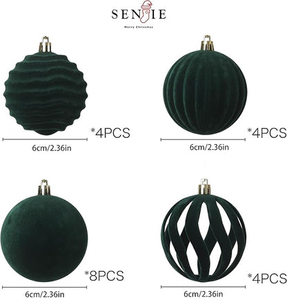 Senjie 20PCS Velvet Ornaments for Christmas Tree 2.36inch Flocked Christmas Balls Assortment for Xmas Tree Holiday Decor Deep Green