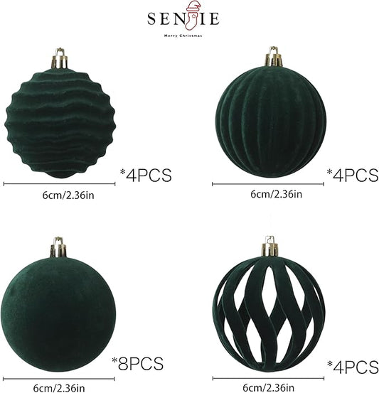 Senjie 20PCS Velvet Ornaments for Christmas Tree 2.36inch Flocked Christmas Balls Assortment for Xmas Tree Holiday Decor Deep Green